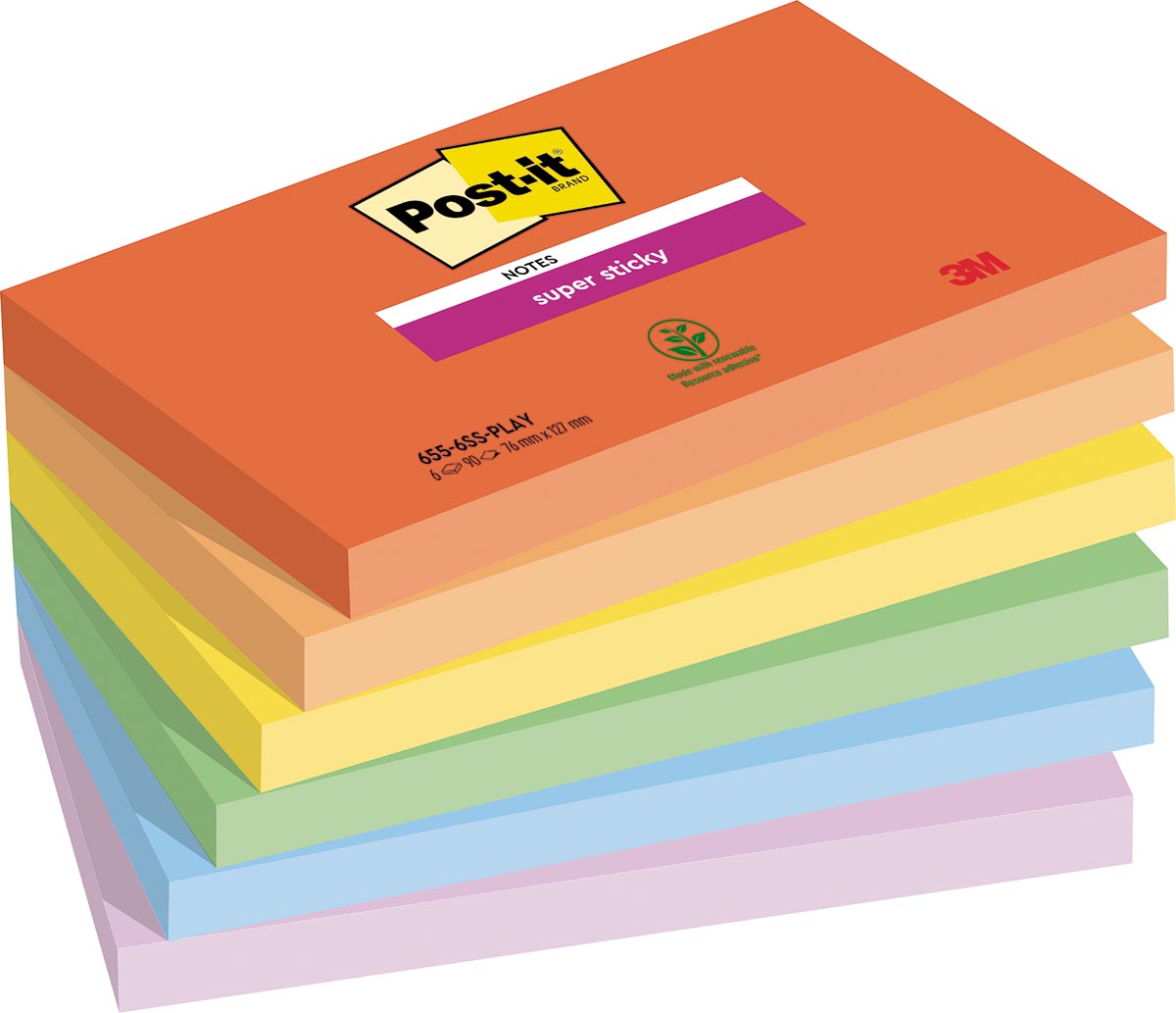 Post-it Super Sticky notes Playful, 90 vel, ft 76 x 127 mm, geassorteerde kleuren, pak van 6 blokken Post-it Super Sticky notes Playful, 90 vel, ft 76 x 127 mm, geassorteerde kleuren, pak van 6 blokken