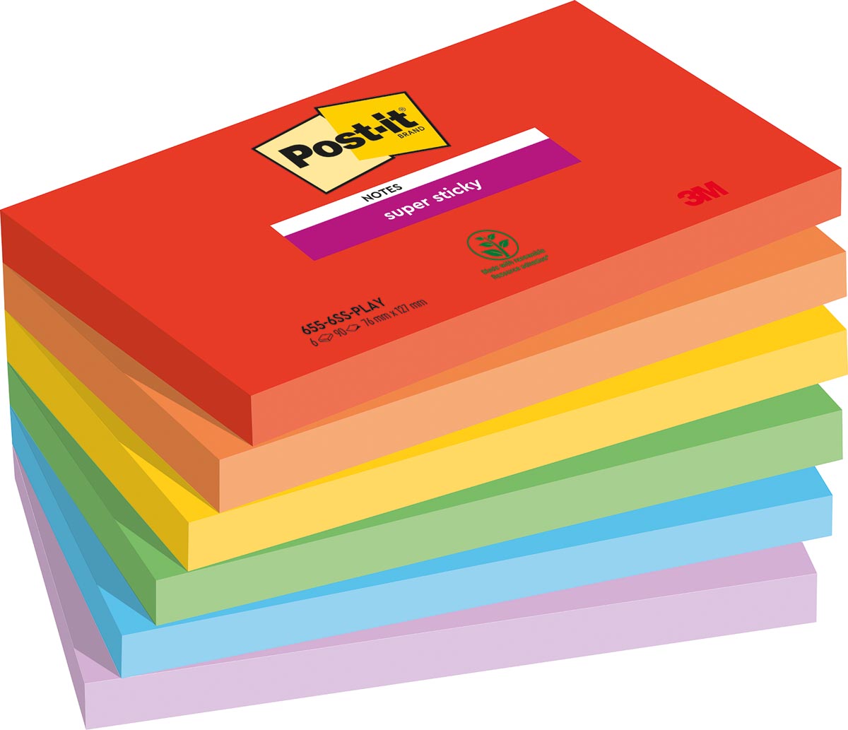 Post-it Super Sticky notes Playful, 90 vel, ft 76 x 127 mm, geassorteerde kleuren, pak van 6 blokken afbeelding