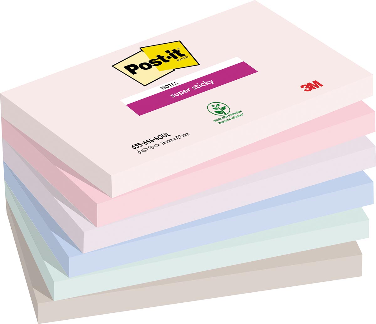 Post-it Super Sticky notes Soulful, 90 vel, ft 76 x 127 mm, geassorteerde kleuren, pak van 6 blokken afbeelding