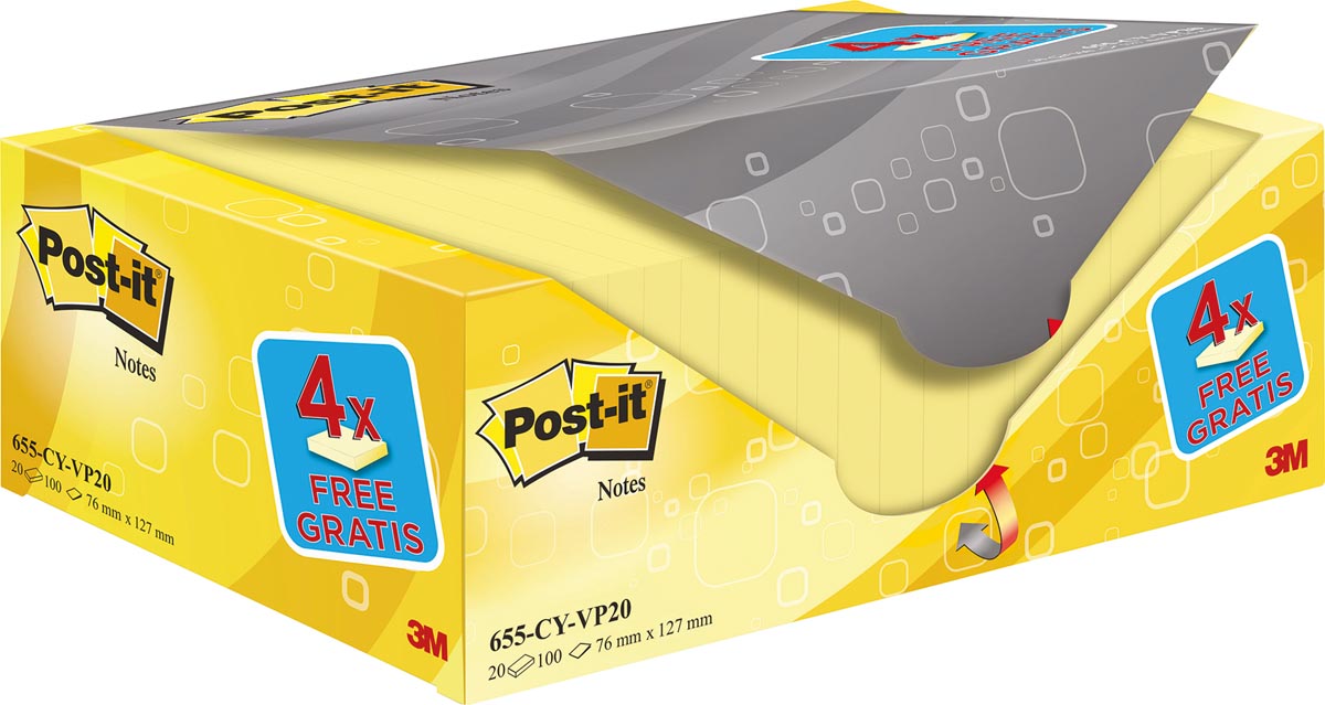 Post-it Notes, 100 vel, ft 76 x 127 mm, geel, pak van 16 blokken + 4 gratis afbeelding