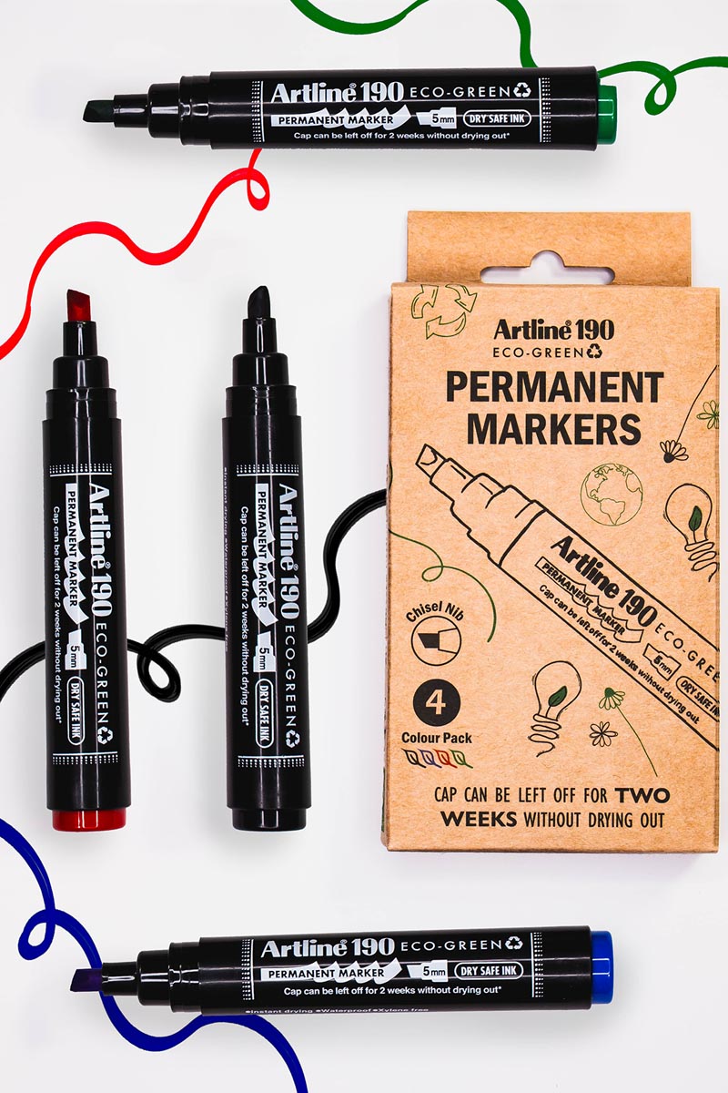 Artline permanent marker Drysafe 190 Eco-Green, 2-5 mm, schuine punt, assortie, blister van 4 stuks