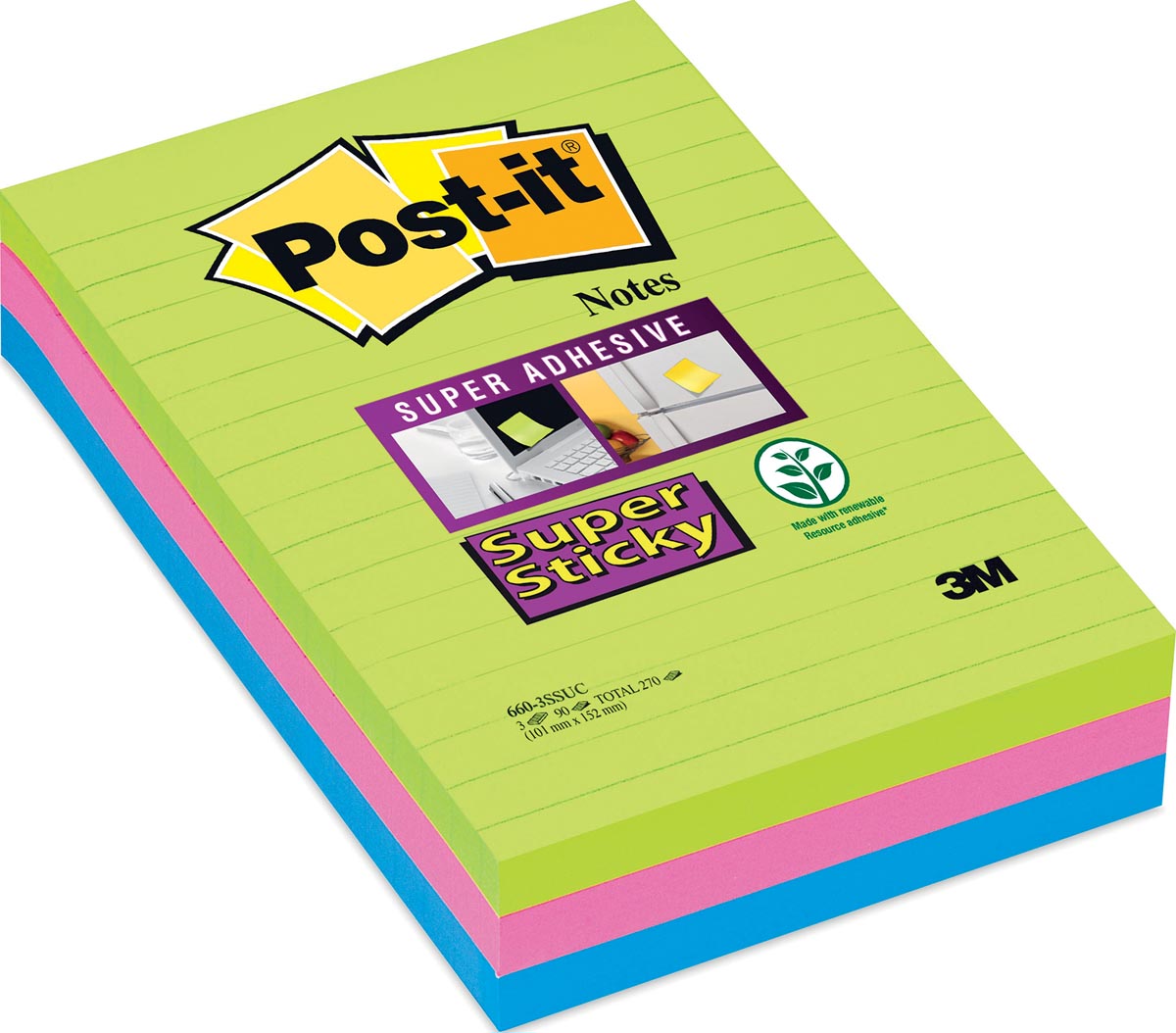 Post-it Super Sticky notes XXL, 90 vel, ft 102 x 152 mm, geassorteerde kleuren, pak van 3 blokken afbeelding