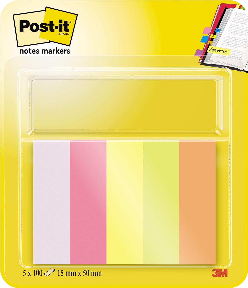 Post-it Notes Markers, ft 15 x 50 mm, geassorteerde kleuren, blister met 5 blokjes van 100 vel Post-it Notes Markers, ft 15 x 50 mm, geassorteerde kleuren, blister met 5 blokjes van 100 vel