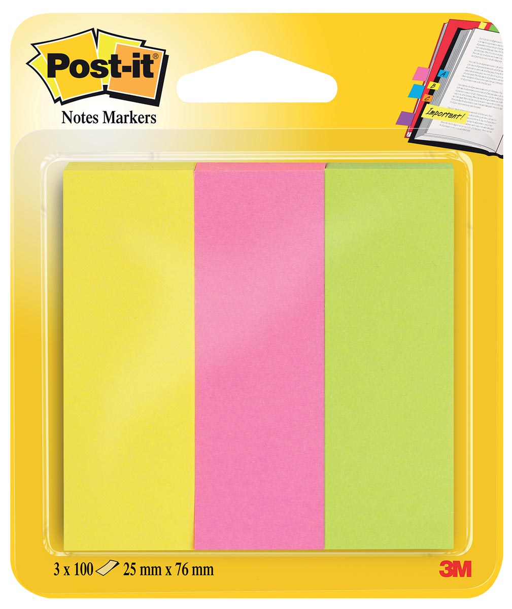 Post-it notes markers, ft 25 x 76 mm, blister met 3 x 100 vel, geassorteerde kleuren