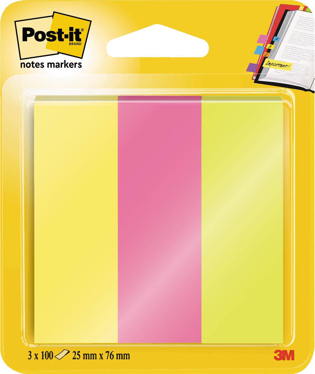 Post-it notes markers, ft 25 x 76 mm, blister met 3 x 100 vel, geassorteerde kleuren afbeelding