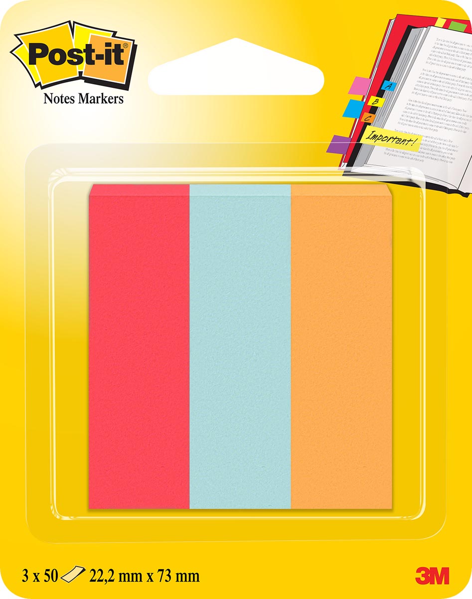 Post-It Markeerstroken, 50 blaadjes, ft 22,2 x 73 mm, pak van 3 blokken
