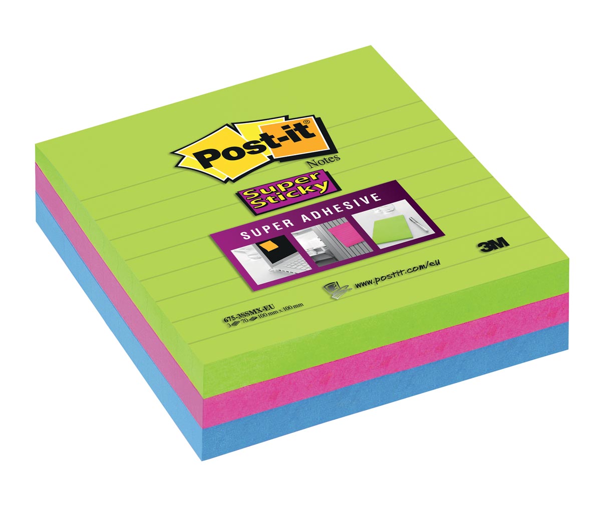 Post-it Super Sticky notes, ft 100 x 100 mm, 70 vel per blok, pak van 3 blokken in geassorteerde kleuren