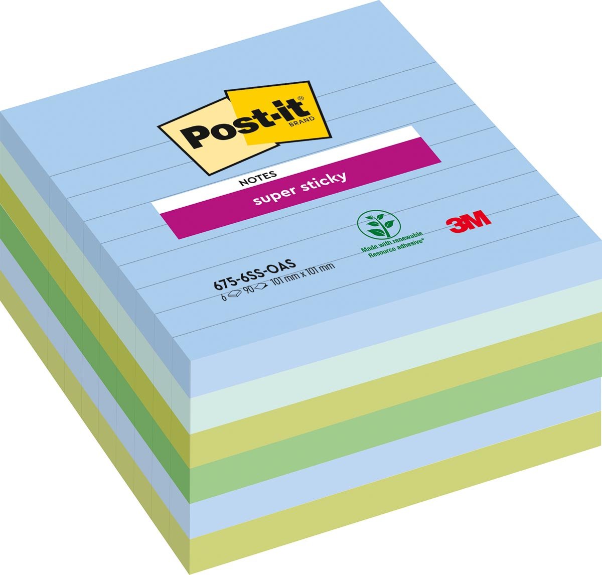 Post-it Super Sticky notes XL Oasis, 90 vel, ft 101 x 101 mm, gelijnd, geassorteerde kleuren, pak van 6 b afbeelding