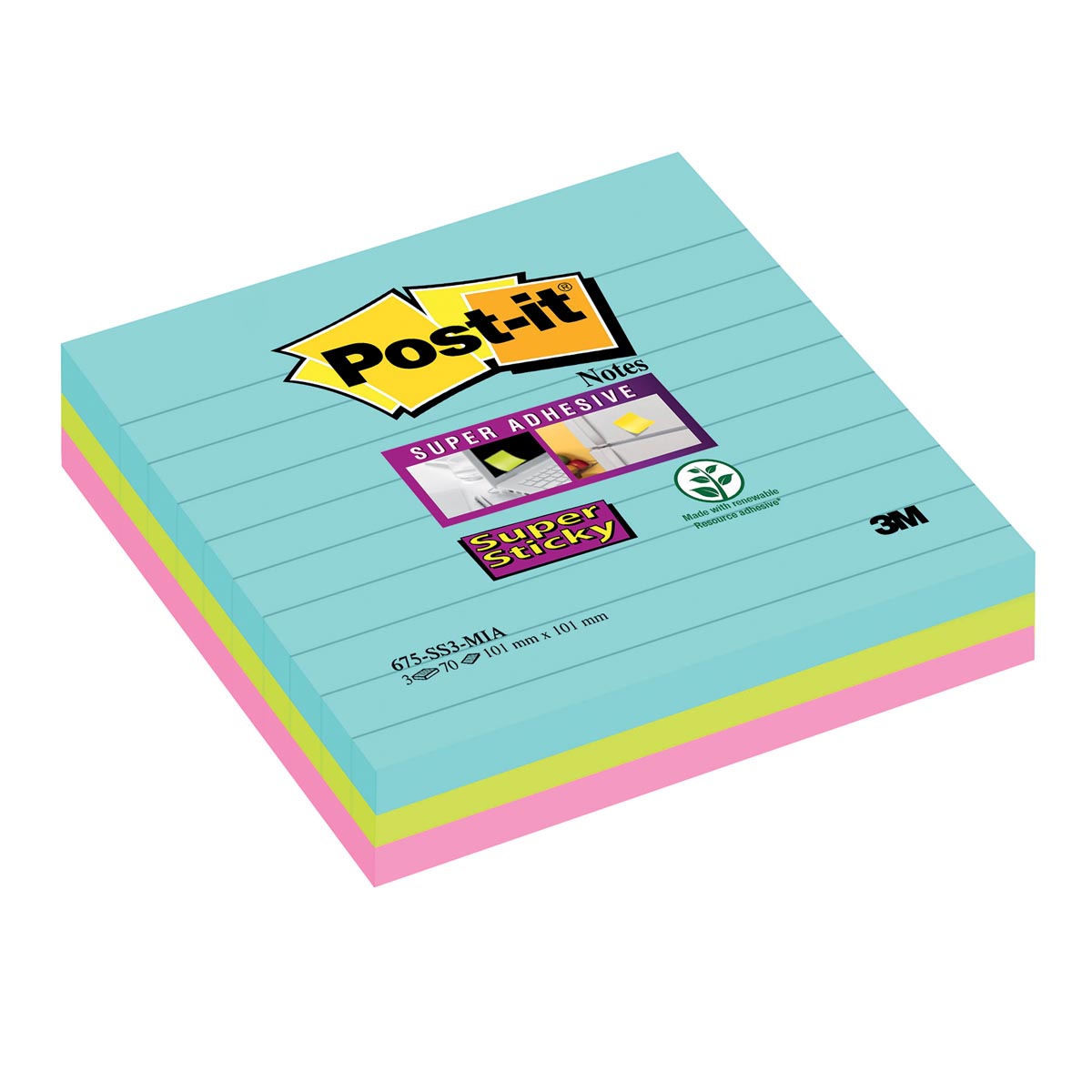 Post-it Super Sticky notes XL Cosmic, 70 vel, ft 101 x 101 mm, gelijnd, geassorteerde kleuren, pak van 3 afbeelding
