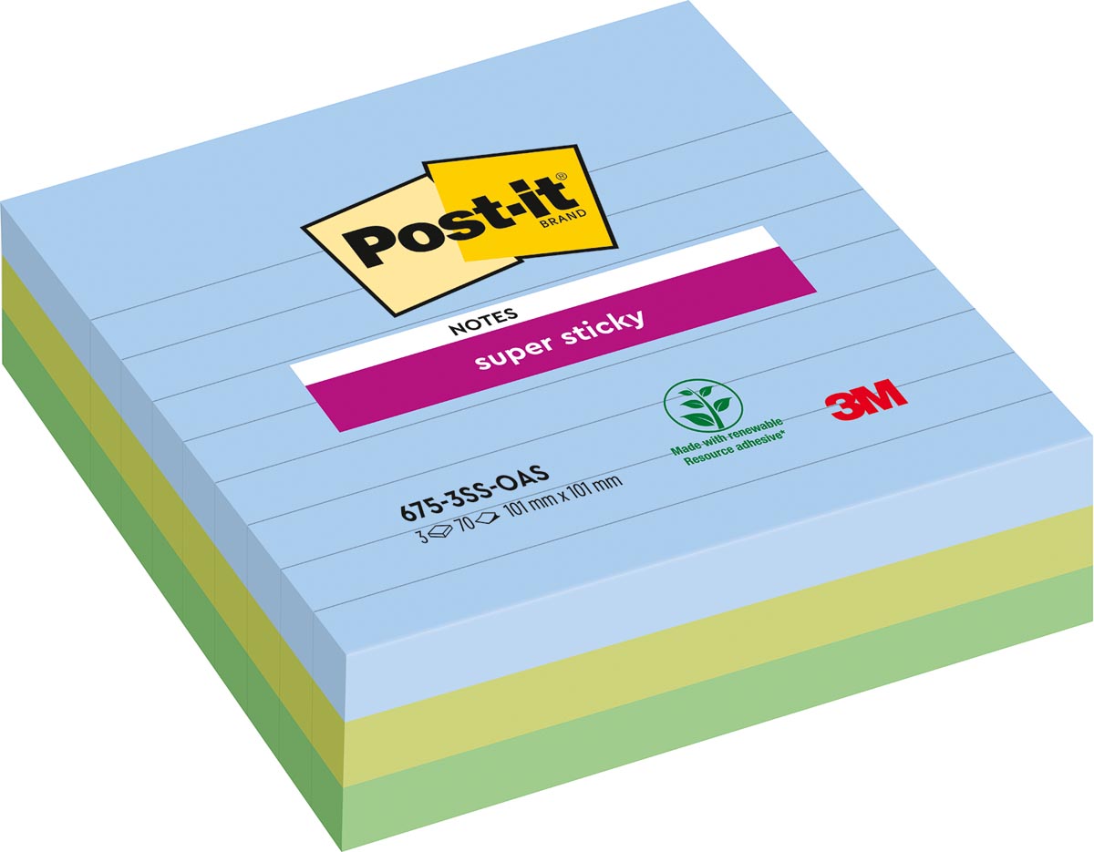 Post-it Super Sticky notes XL Oasis, 70 vel, ft 101 x 101 mm, gelijnd, geassorteerde kleuren, pak va Post-it Super Sticky notes XL Oasis, 70 vel, ft 101 x 101 mm, gelijnd, geassorteerde kleuren, pak va