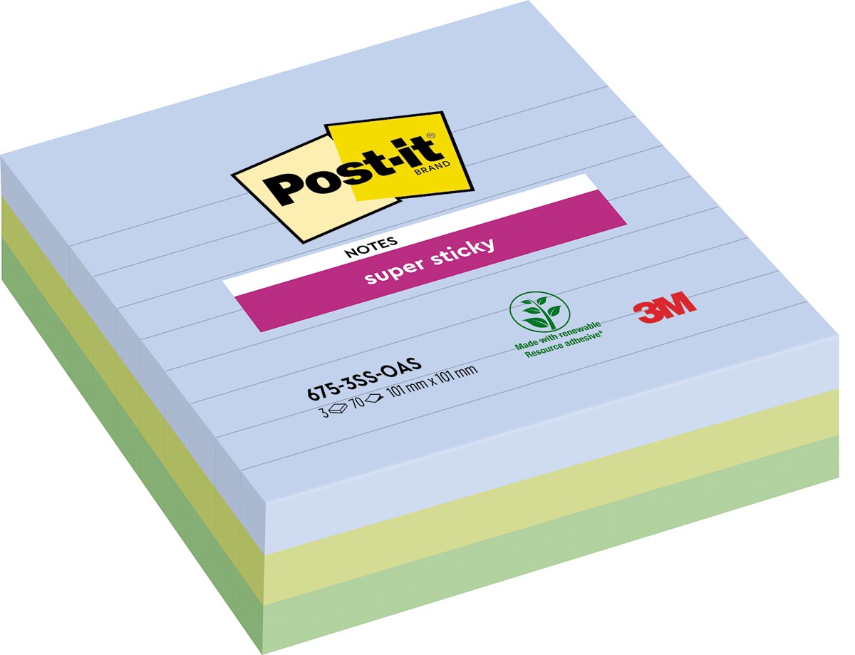 Post-it Super Sticky notes XL Oasis, 70 vel, ft 101 x 101 mm, gelijnd, assorti, pak van 3 blokken afbeelding