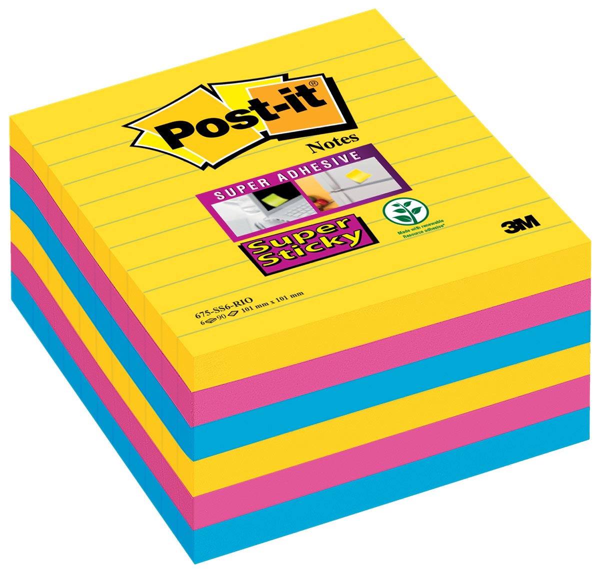 Post-it Super Sticky notes XL Carnival, 90 vel, ft 101 x 101 mm, gelijnd, assorti pak van 6 blokken afbeelding