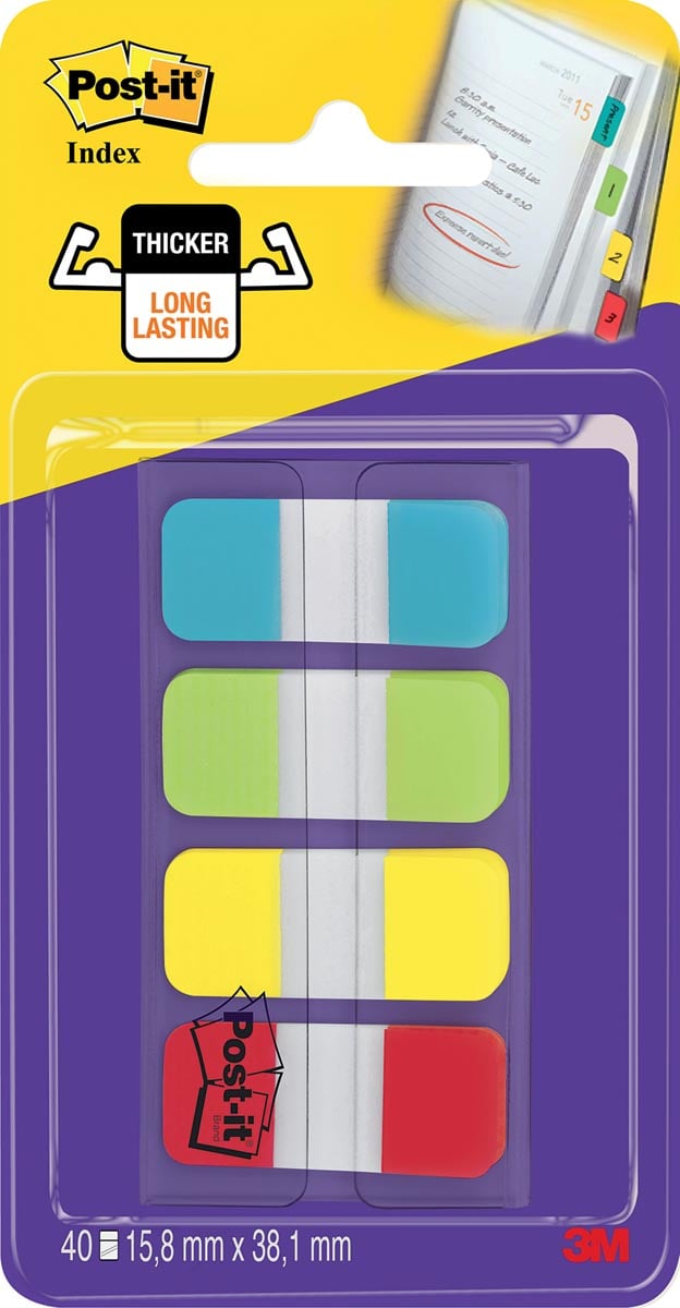 Post-it index Strong, ft 15,8 x 38,1 mm, blister met 4 kleuren, 10 tabs per kleur afbeelding