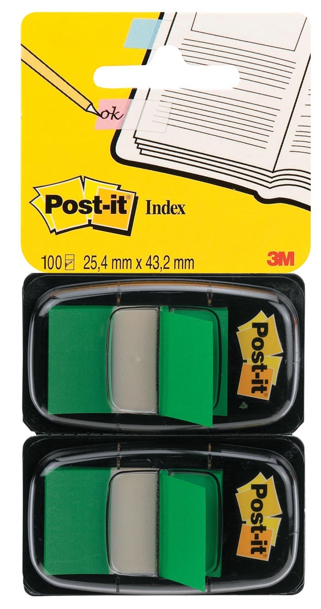 Post-it index standaard, ft 24,4 x 43,2 mm, houder met 2 x 50 tabs, groen afbeelding