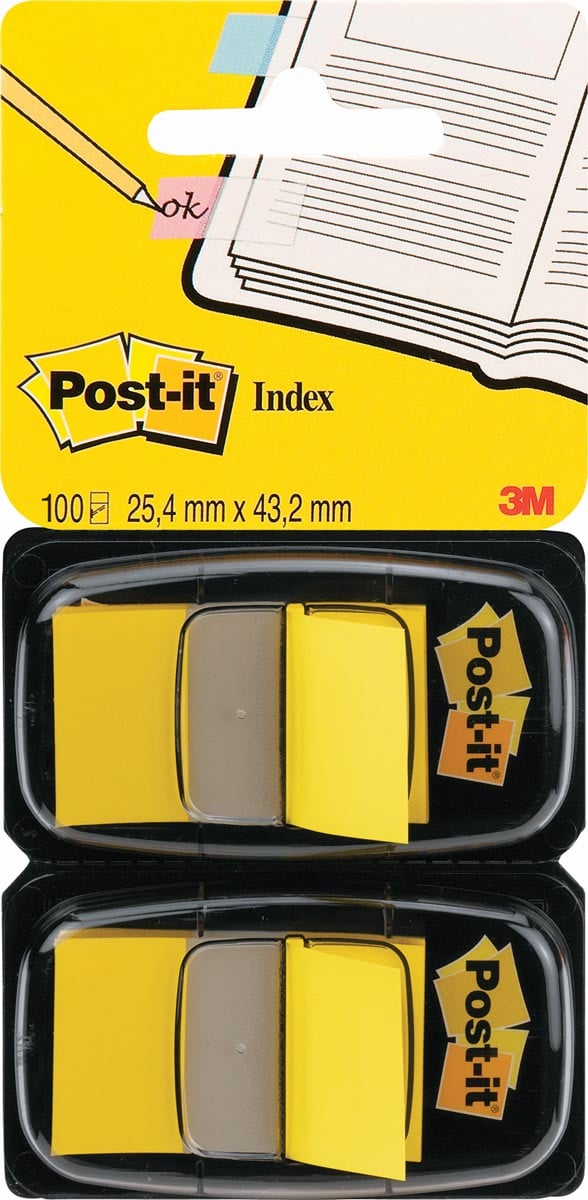 Post-it index standaard, ft 24,4 x 43,2 mm, houder met 2 x 50 tabs, geel afbeelding
