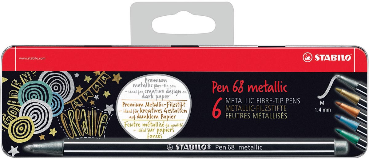 STABILO Pen 68 metallic viltstift, 6 kleuren, metalen doos van 6 stuks