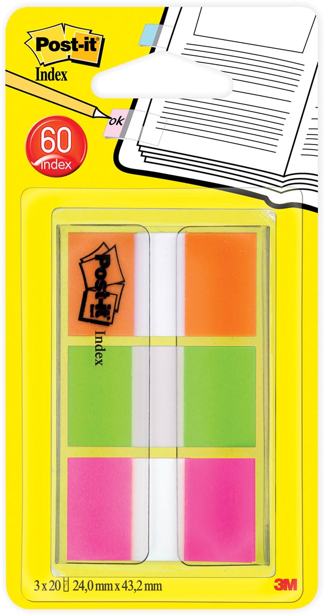 Post-it Index standaard, ft 25,4 x 43,2 mm, blister met 3 kleuren, 20 tabs per kleur afbeelding