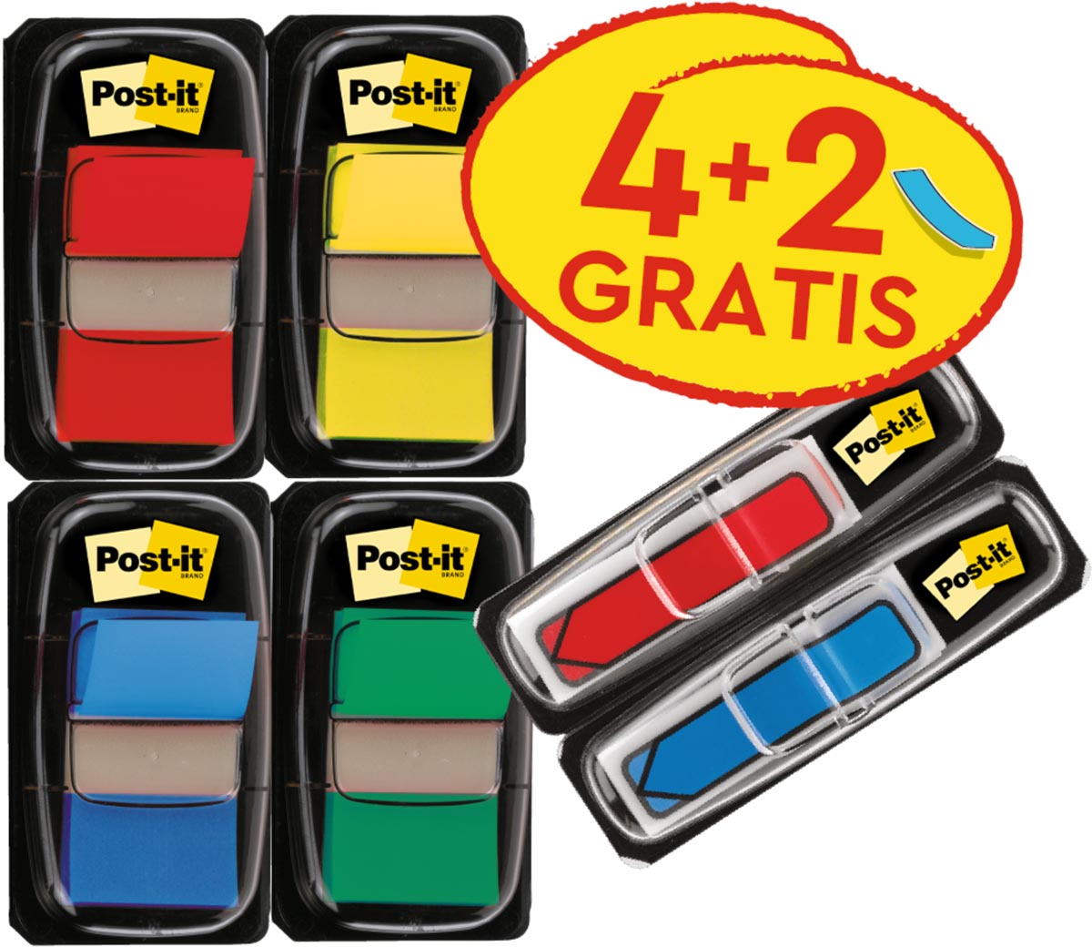 Post-it index standaard, ft 25 mm x 43.2 mm, voordeelpack van 4 stuks + 2 x Post-it Index pijltjes afbeelding