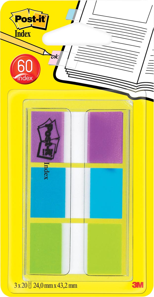 Post-it Index standaard, ft 25,4 x 43,2 mm, blister met 3 kleuren, 20 tabs per kleur afbeelding