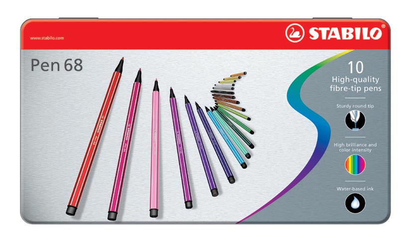 STABILO Pen 68 viltstift, metalen doos van 10 stiften in geassorteerde kleuren afbeelding