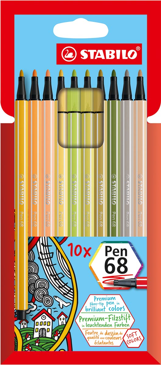 STABILO Pen 68 viltstift, kartonnen etui van 10 stuks in geassorteerde zachte kleuren afbeelding