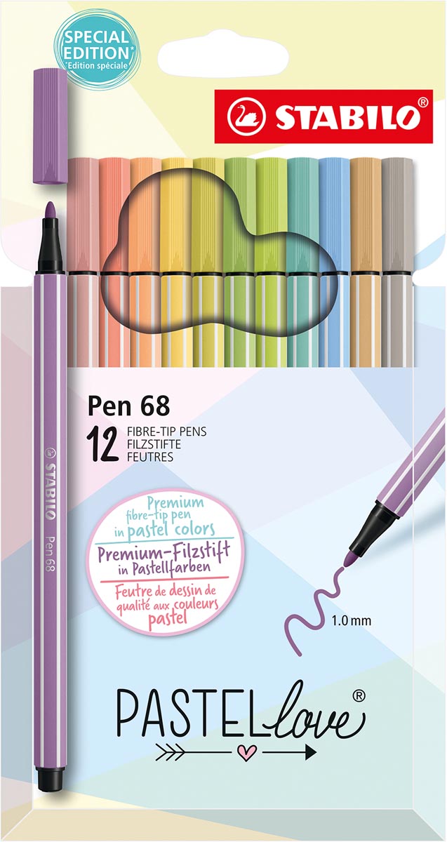 STABILO Pen 68 viltstift, pastel, etui van 12 stuks, assorti STABILO Pen 68 viltstift, pastel, etui van 12 stuks, assorti