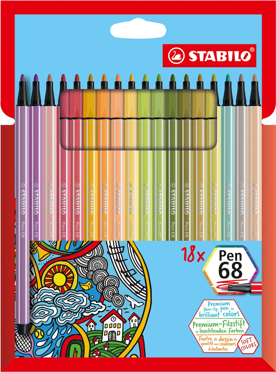 STABILO Pen 68 viltstift, kartonnen etui van 18 stuks in geassorteerde zachte kleuren afbeelding
