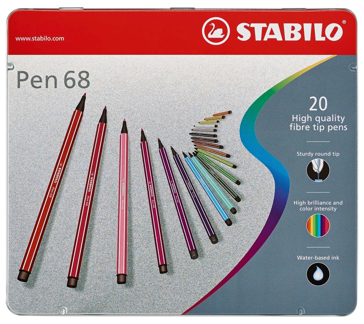 STABILO Pen 68 viltstift, metalen doos van 20 stiften in geassorteerde kleuren afbeelding