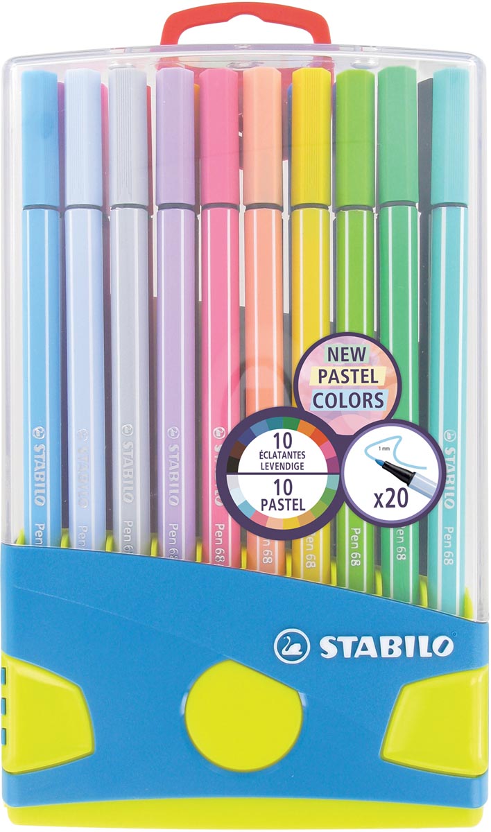 STABILO Pen 68 Pastel viltstift, etui van 20 stuks in geassorteerde kleuren