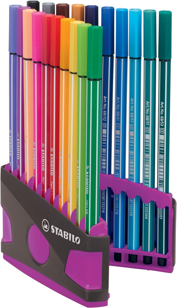 STABILO Pen 68 brush, ColorParade, lila-grijze doos, 20 stuks in geassorteerde kleuren afbeelding