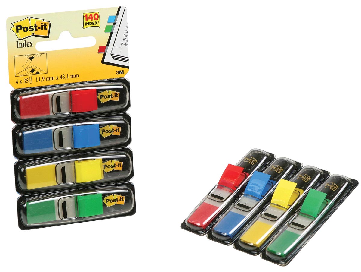 Post-it Index Smal, ft 11,9 x 43,2 mm, blister met 4 kleuren, 35 tabs per kleur, 4 + 2 blisters gratis afbeelding