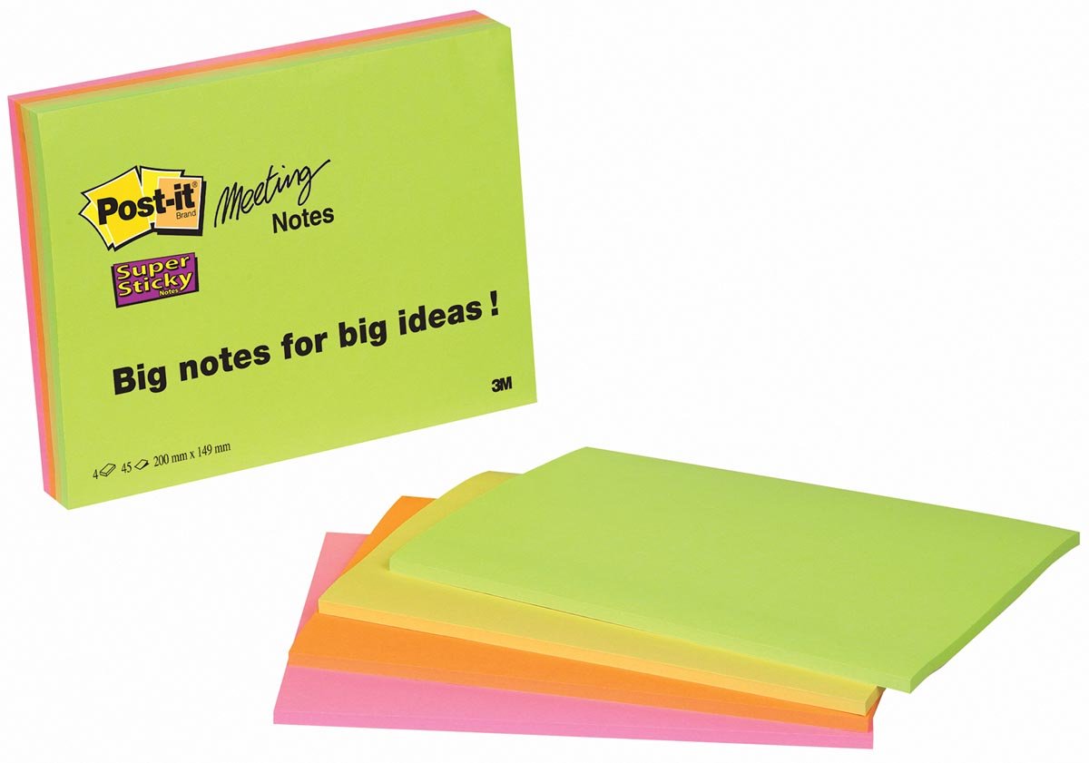 Post-it Super Sticky Meeting notes, 45 vel, ft 152 x 203 mm, geassorteerde kleuren, pak van 4 blokke Post-it Super Sticky Meeting notes, 45 vel, ft 152 x 203 mm, geassorteerde kleuren, pak van 4 blokke