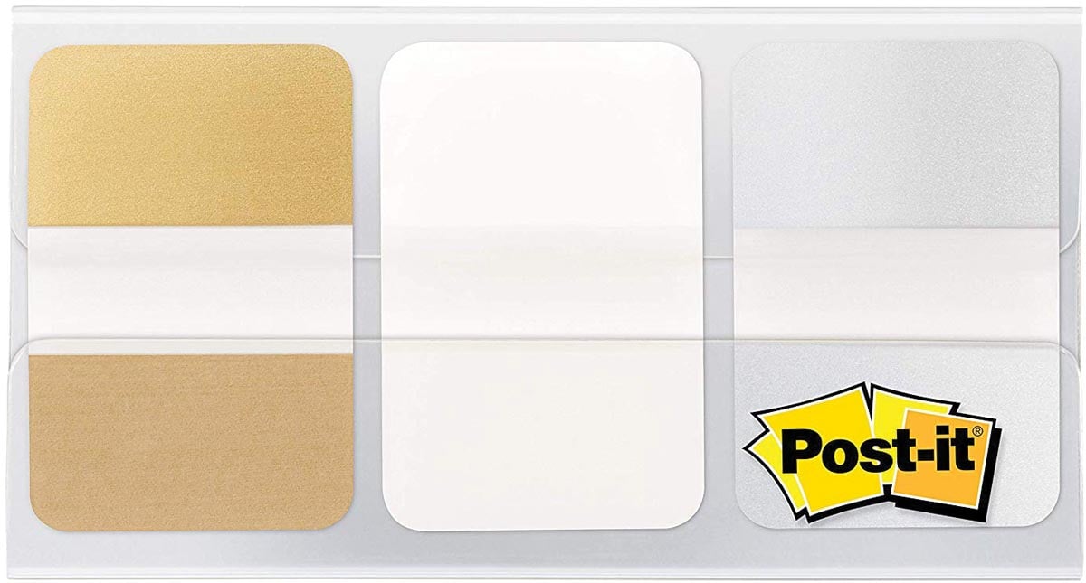 Post-it Index Strong Metallic, ft 25,4 x 38 mm, set van 3 kleuren (goud, wit en zilver)