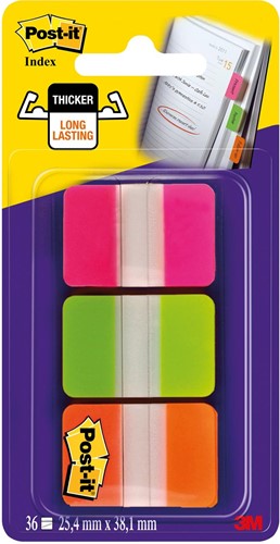 Post-it Index Strong, ft 25,4 x 38 mm, set van 3 kleuren (roze, groen en oranje), 12 tabs per kleur