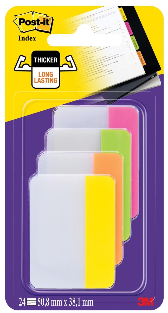 Post-it Index Strong, , ft 38 x 50,8 mm, blister met 4 kleuren, 6 tabs per kleur