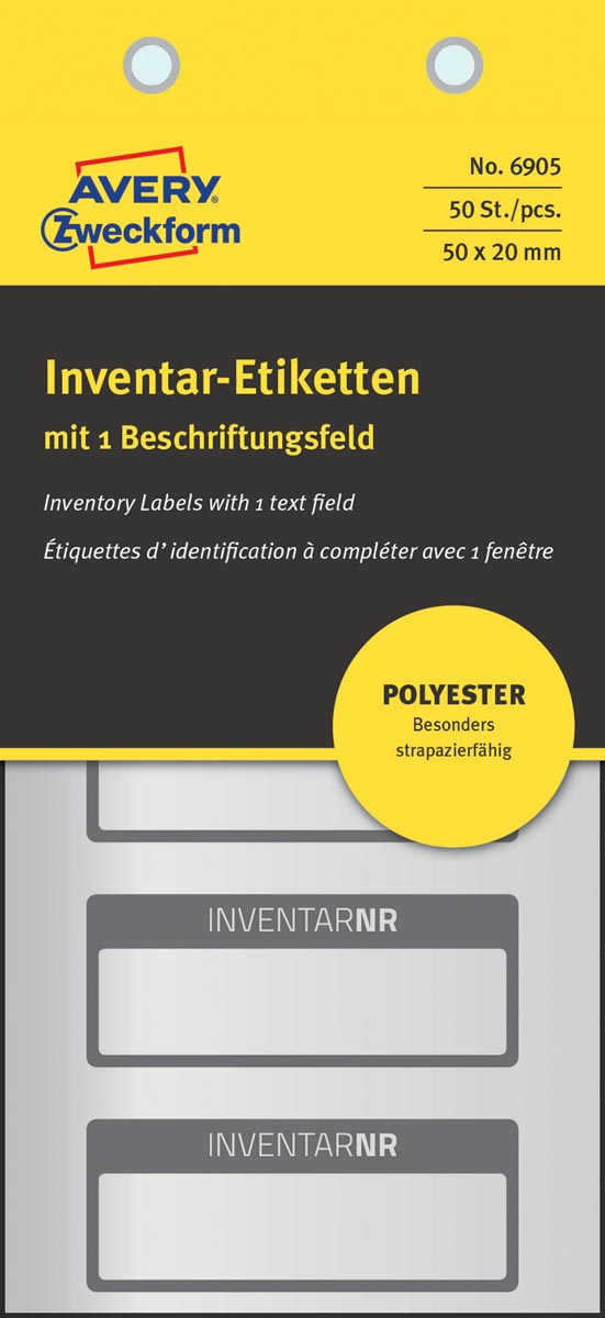 Avery inventarisetiketten, ft 50 x 20 mm, van zilver polyesterfolie met grijs kader, 50 stuks, 5 per Avery inventarisetiketten, ft 50 x 20 mm, van zilver polyesterfolie met grijs kader, 50 stuks, 5 per
