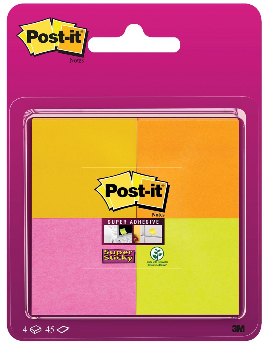 Post-It Super Sticky notes, 45 vel, ft 47,6 x 47,6 mm, blister van 4 blokken in geassorteerde kleuren afbeelding
