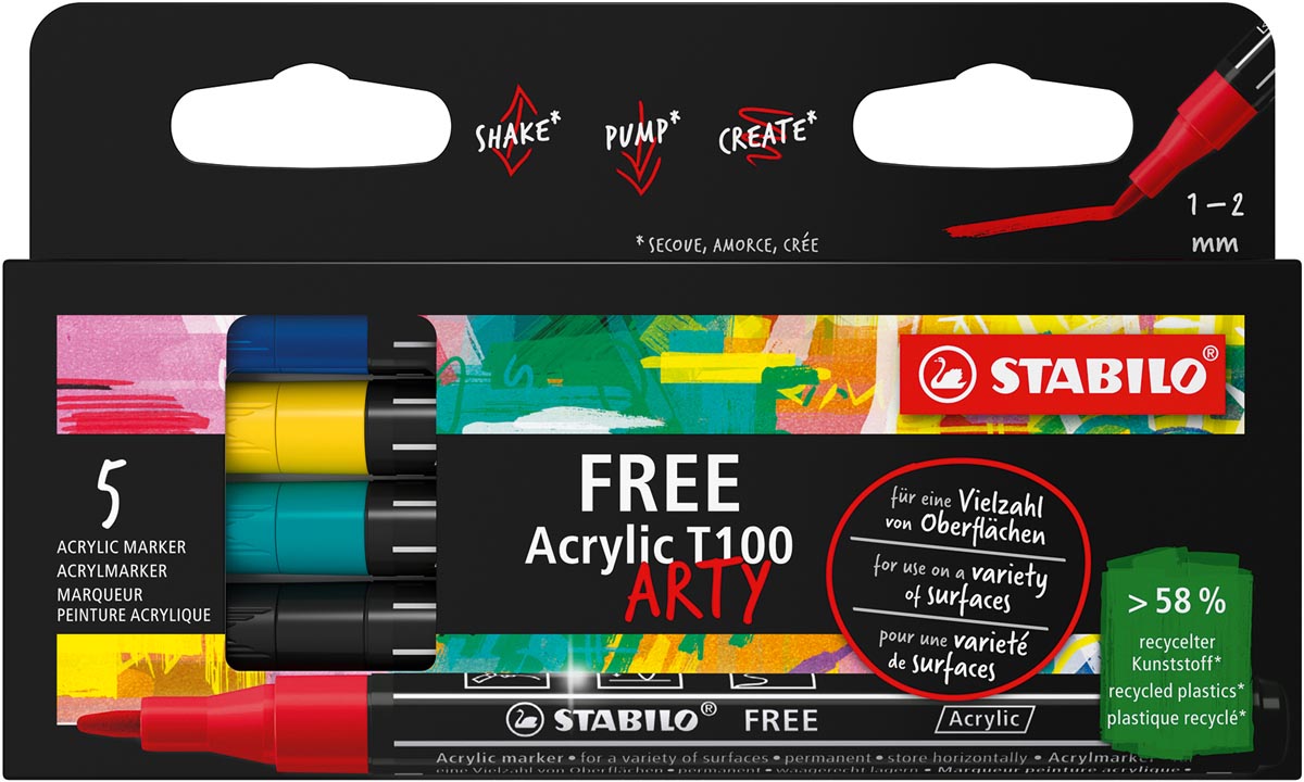 STABILO free acrylmarker T100 Royal, ronde punt, 1-2 mm, geassorteerde kleuren, pak van 5 stuks afbeelding