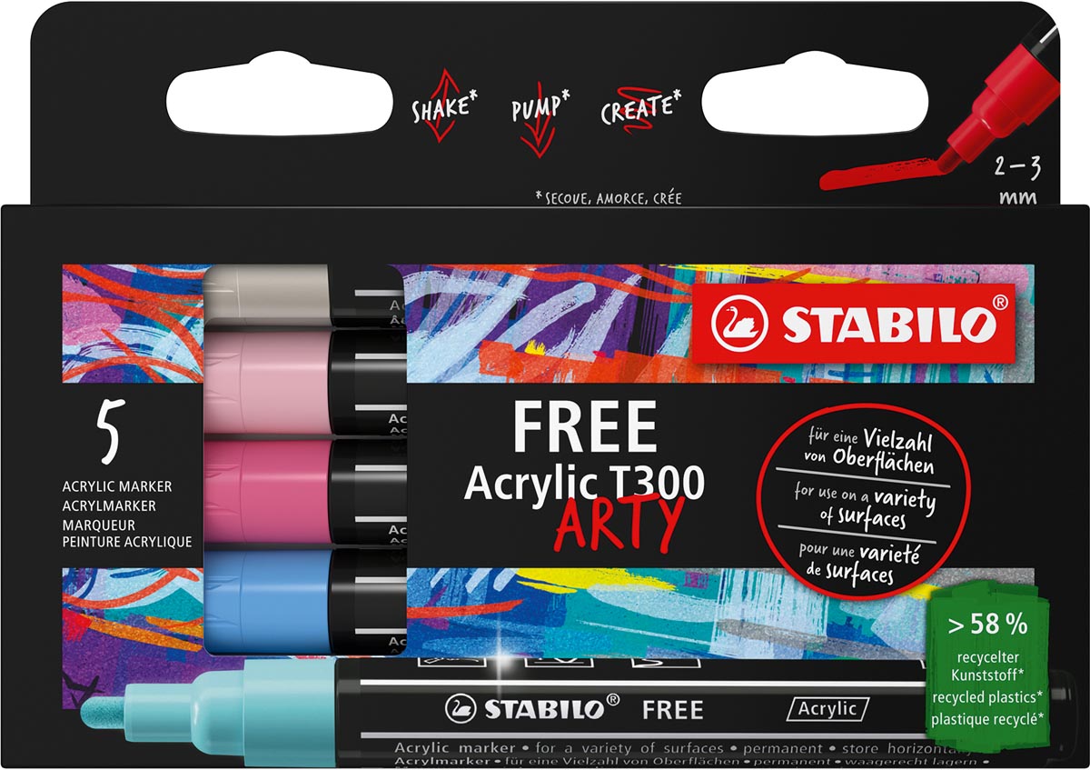 STABILO Free acrylmarker T300 Candy, ronde punt, 2-3 mm, geassorteerde kleuren, pak van 5 stuks afbeelding