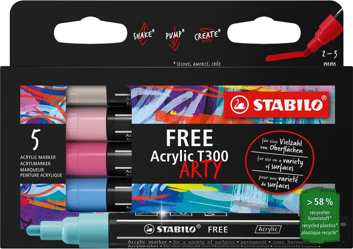 STABILO Free acrylmarker T300 Candy, ronde punt, 2-3 mm, geassorteerde kleuren, pak van 5 stuks