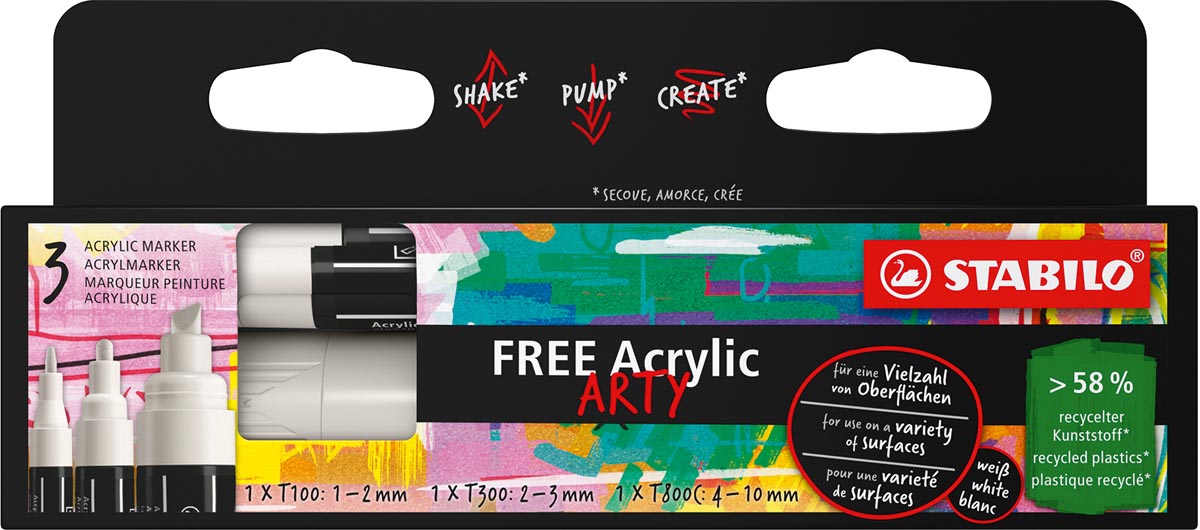 STABILO free acrylmarker, verschillende formaten, wit, pak van 3 stuks afbeelding