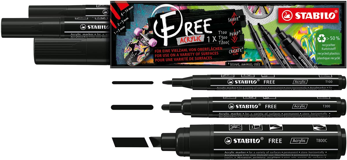 STABILO free acrylmarker, verschillende formaten, zwart, pak van 3 stuks afbeelding
