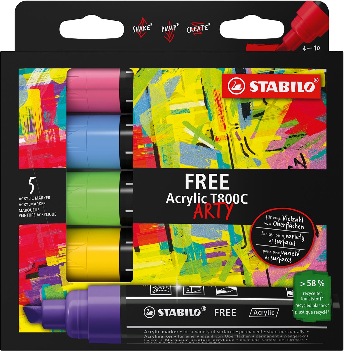 STABILO free acrylmarker T800 Seaside, schuine punt, 4-10 mm, geassorteerde kleuren, pak van 5 stuks afbeelding