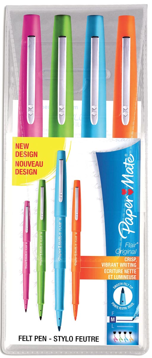 Paper Mate fineliner Flair Original, etui met 4 stuks in geassorteerde fun kleuren