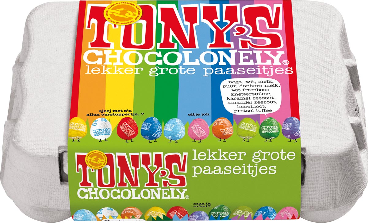 Tony's Chocolonely doosje met eitjes, assorti, 150 g Tony's Chocolonely doosje met eitjes, assorti, 150 g