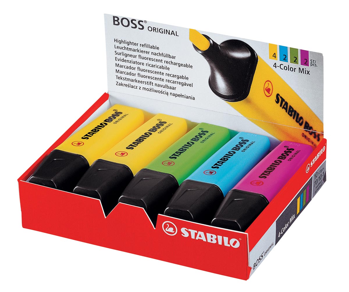 STABILO BOSS ORIGINAL markeerstift, doos van 10 stuks in geassorteerde kleuren afbeelding