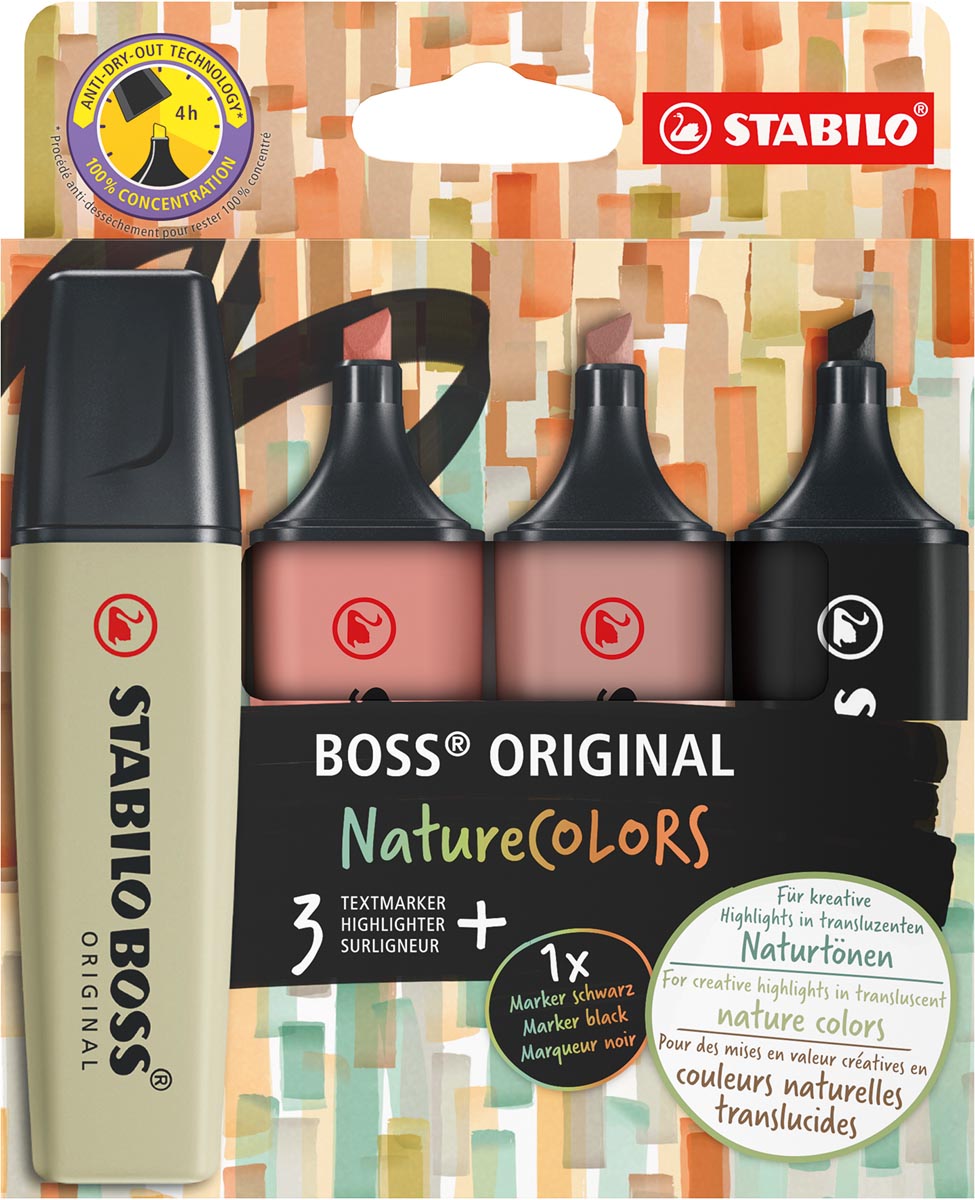 STABILO BOSS ORIGINAL NatureCOLORS markeerstift, etui van 4 stuks, assorti afbeelding