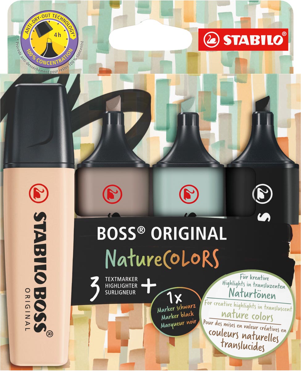 STABILO BOSS ORIGINAL NatureCOLORS markeerstift, etui van 4 stuks, assorti afbeelding