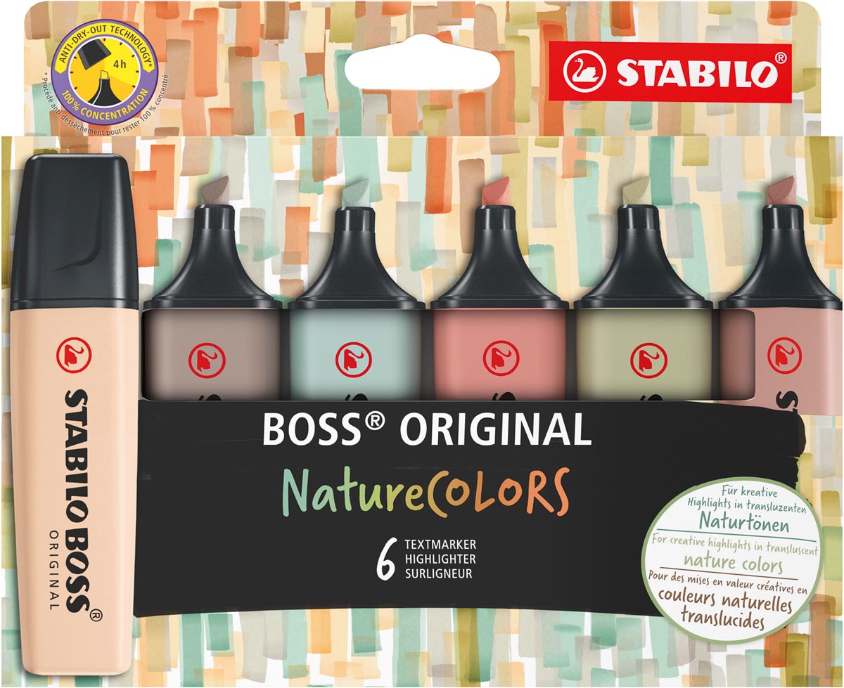 STABILO BOSS ORIGINAL NatureCOLORS markeerstift, etui van 6 stuks, assorti afbeelding