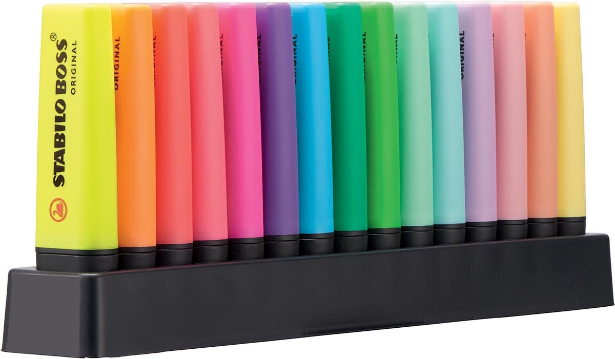STABILO BOSS ORIGINAL Pastel markeerstift, deskset van 15 stuks in geassorteerde kleuren afbeelding